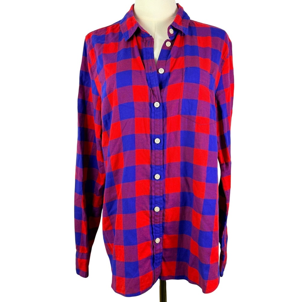 J.Crew Boy Fit Red Purple Buffalo Plaid Flannel Button Down Shirt Womens Large
